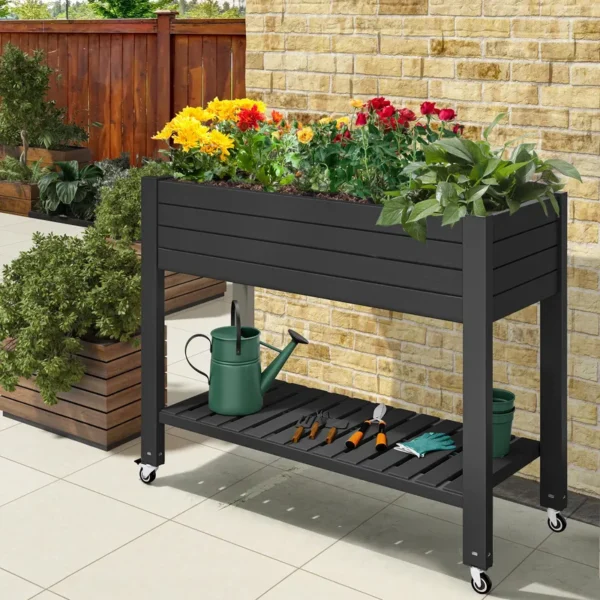 Garden Bed with Wheels Drain Plug and Storage Shelf Black