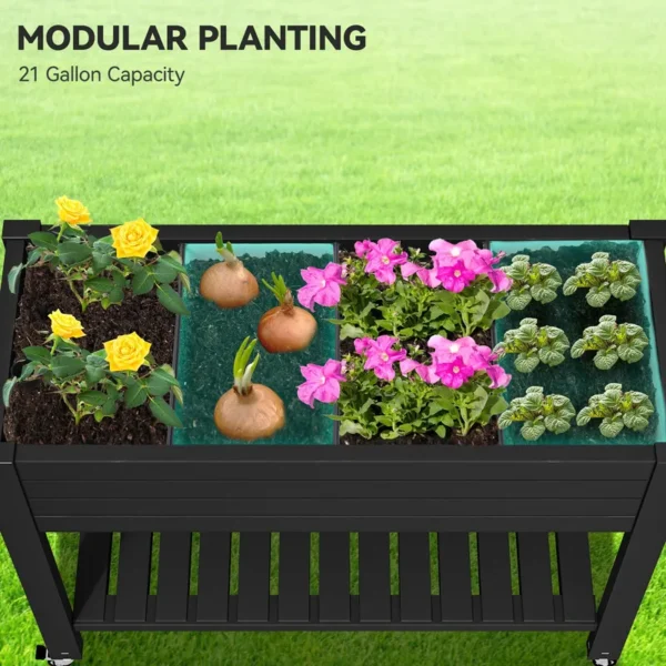 Garden Bed with Wheels Drain Plug and Storage Shelf Black - Image 5
