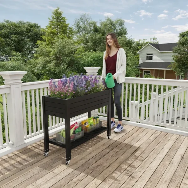 Garden Bed with Wheels Drain Plug and Storage Shelf Black - Image 2