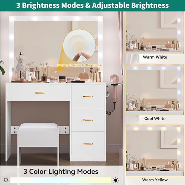 Desk with LED Mirror, 11 Bulbs, Power Outlet, 3 Modes, 4 Drawers - Image 5