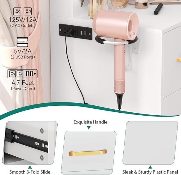 Desk with LED Mirror, 11 Bulbs, Power Outlet, 3 Modes, 4 Drawers - Image 4