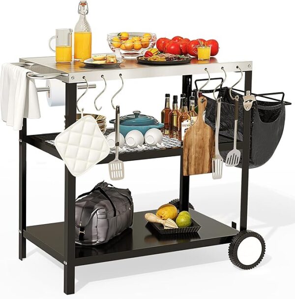 Outdoor Grill Cart with Satinless Steel Tabletop and Wheels
