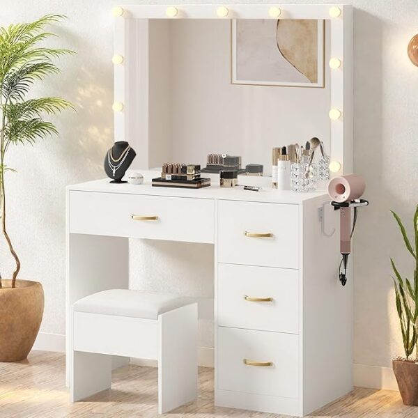Desk with LED Mirror, 11 Bulbs, Power Outlet, 3 Modes, 4 Drawers