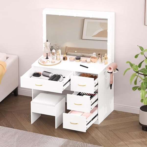 Desk with LED Mirror, 11 Bulbs, Power Outlet, 3 Modes, 4 Drawers - Image 3