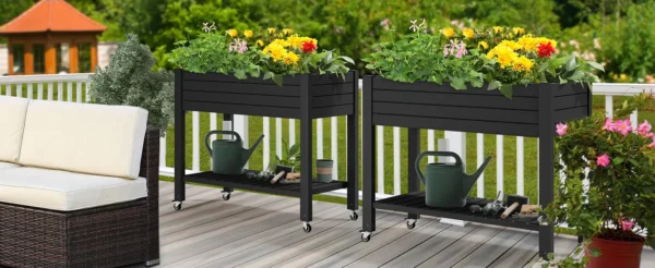 Garden Bed with Wheels Drain Plug and Storage Shelf Black - Image 3