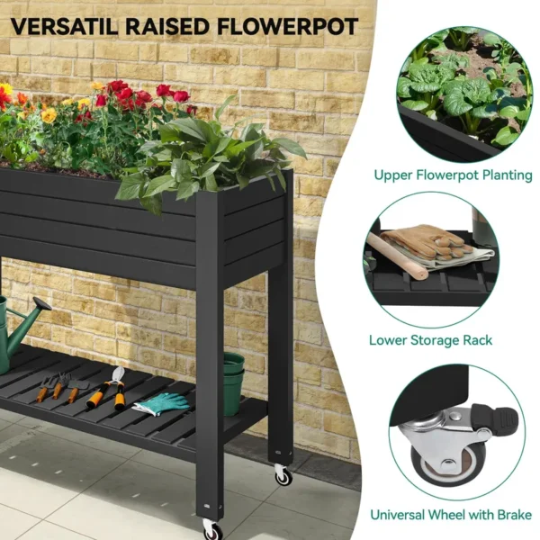 Garden Bed with Wheels Drain Plug and Storage Shelf Black - Image 7